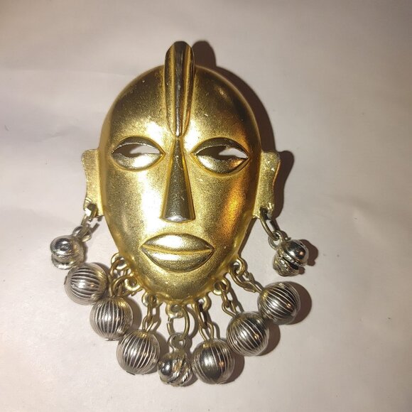 Large Tribal Mask Brooch Pin Mayan Aztec African Vintage Dangling Silver Balls - Picture 13 of 13